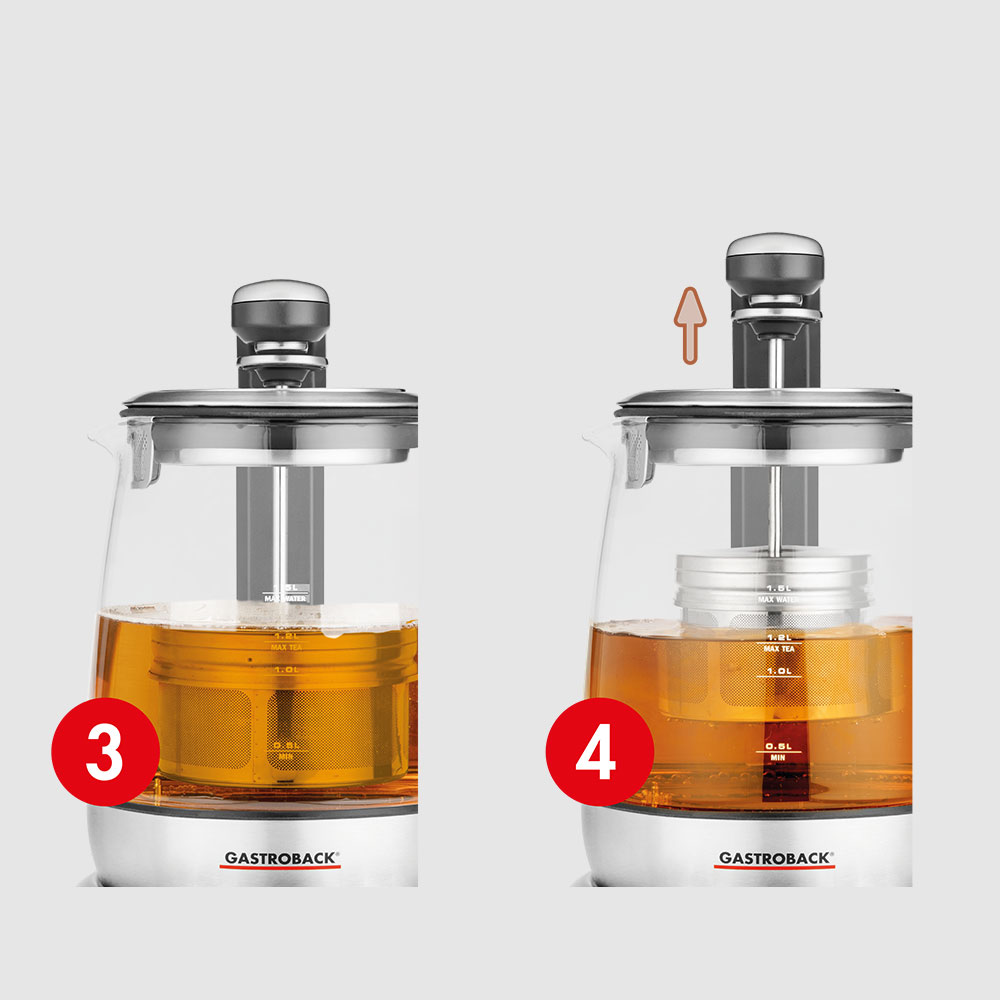 5 tea programmes for preparing green tea, black tea, Oolong tea, white tea and herbal tea and 4 individual programmable tea programmes: Adjustable temperature and steeping time
