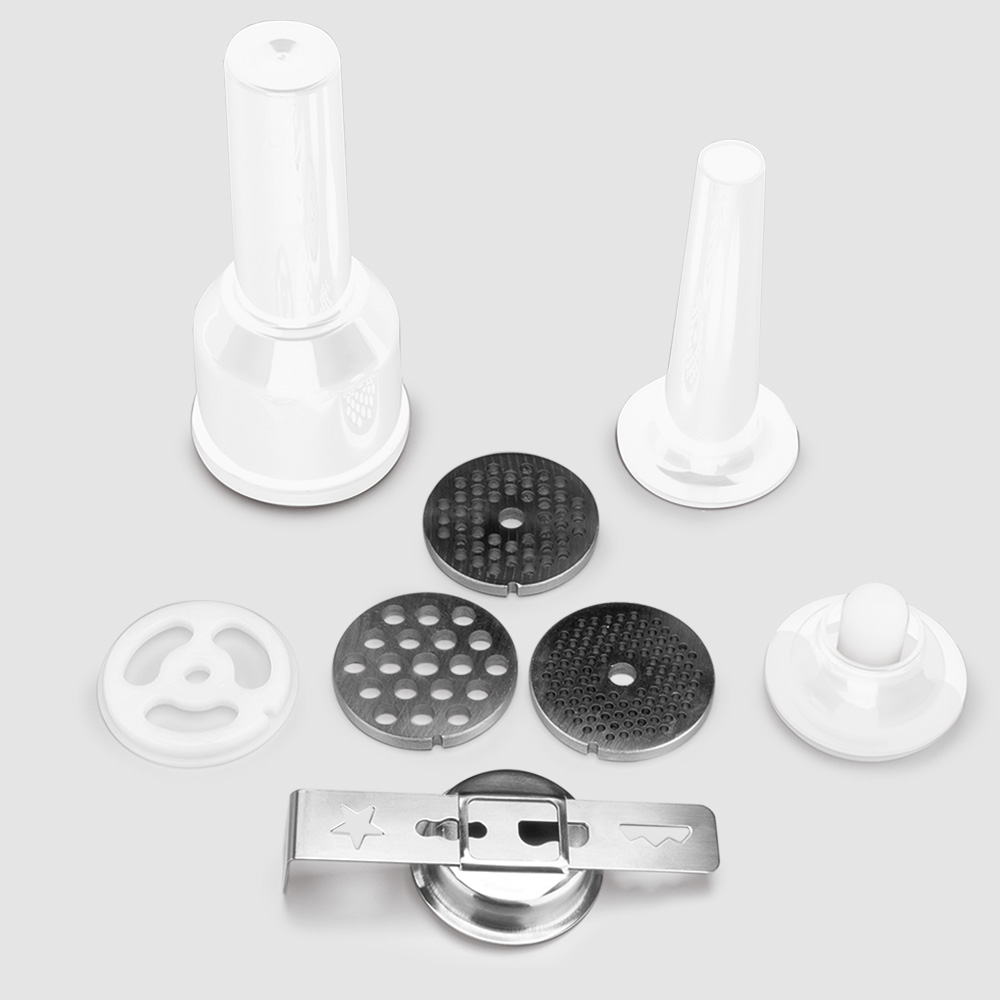 Including 3 grinding discs (3 mm / 4.8 mm / 8 mm), kebbe attachment for oriental cuisine, sausage filling attachment and cookie attachment