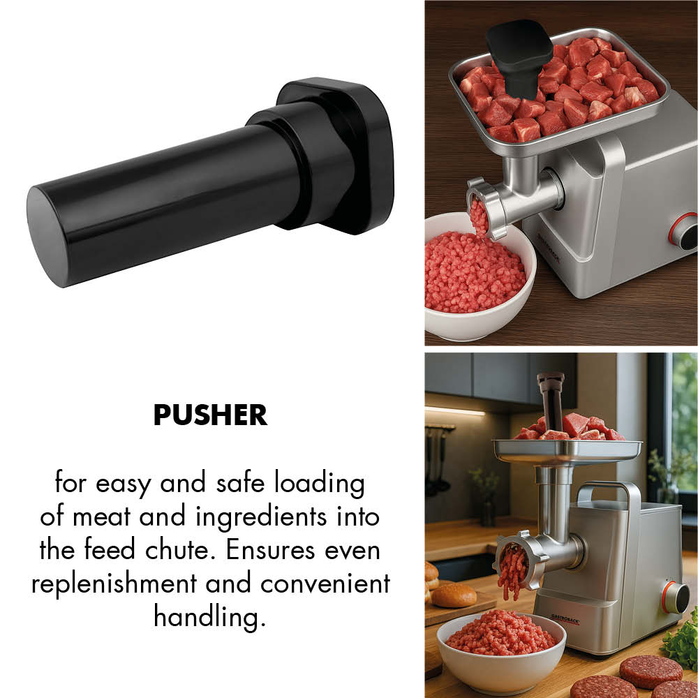GASTROBACK® Mincer - 61407 - Design Mincer 6-in-1 Plus #6 - Stopfer für das einfache und sichere Einfüllen von Fleisch und Zutaten in den Einfüllschacht. Sorgt für gleichmäßigen Nachschub und eine komfortable Handhabung.